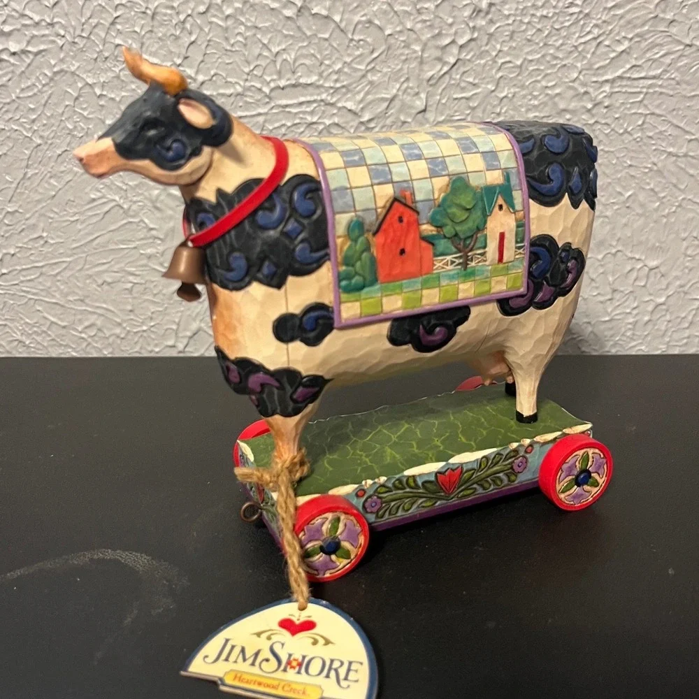 Jim Shore Heartwood Creek Bell Cow Figurine 4008182 Pull Toy 2007 Enesco 9x6